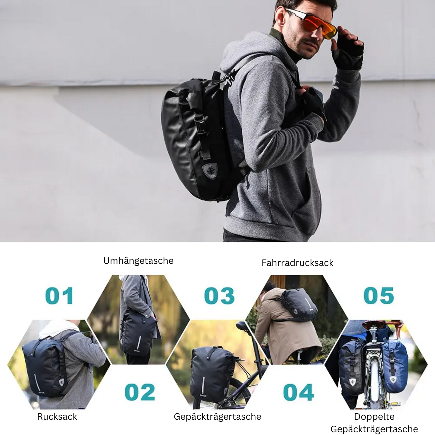 3in1 Fahrrad Rucksack - Wasserfeste Gepäckträgertasche